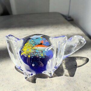 Vintage Art Glass Turtle Figurine Paperweight Glass Decor With Fish On Top VTG